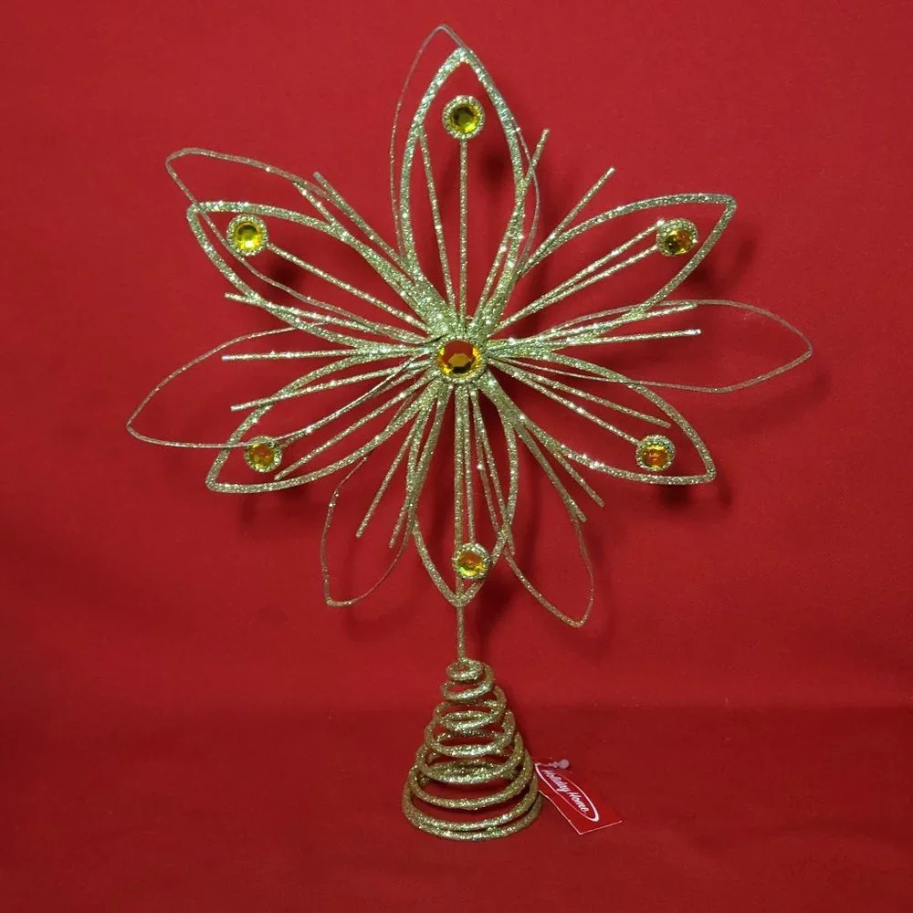 Holiday Home Jewel Flower Tree Topper Gold Glitter Sparkling Metal Wire Star Flo